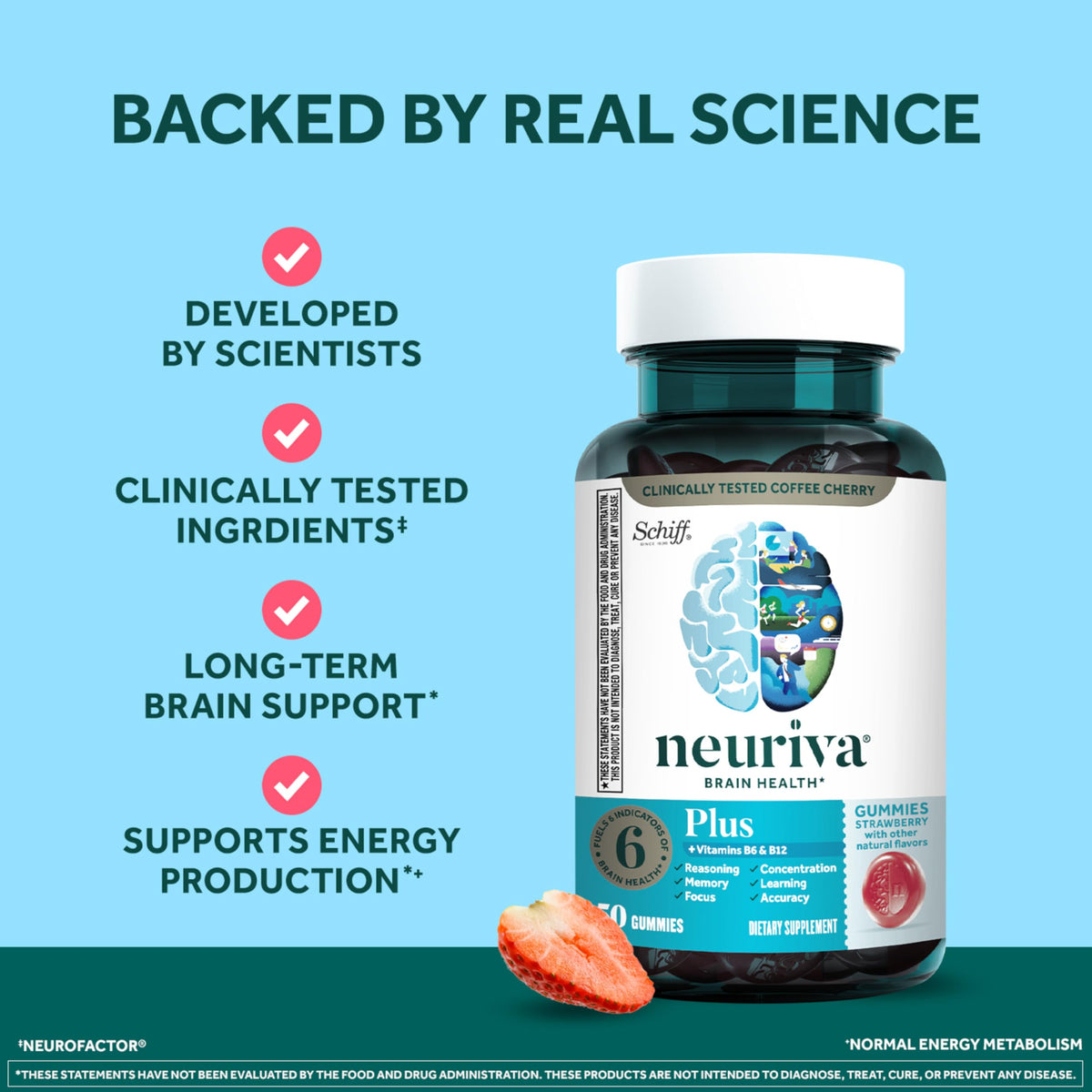 NEURIVA Plus Decaffeinated Nootropic Brain Supplement for Memory, Focus & Concentration & Cognitive Function, Clinically Tested NeuroFactor, Phosphatidylserine, Vitamins B6 B12,50ct Strawberry Gummies NEURIVABuy Supplements Australia