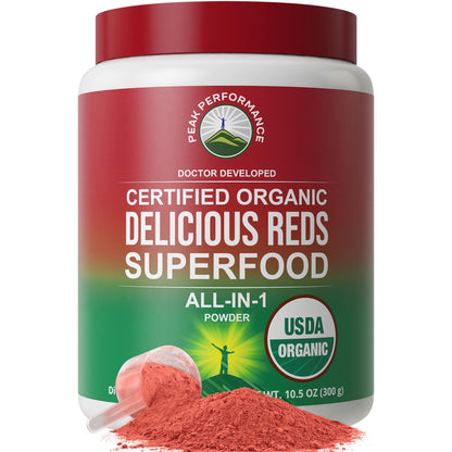 Peak Performance Organic Reds Superfood Powder, Best Tasting Organic Red Juice Super Food w/ 25+ All Natural Ingredients & Polyphenols, Vital for Max Energy and Detox. Raspberry, Elderberry, Beetroot Peak PerformanceBuy Supplements Australia