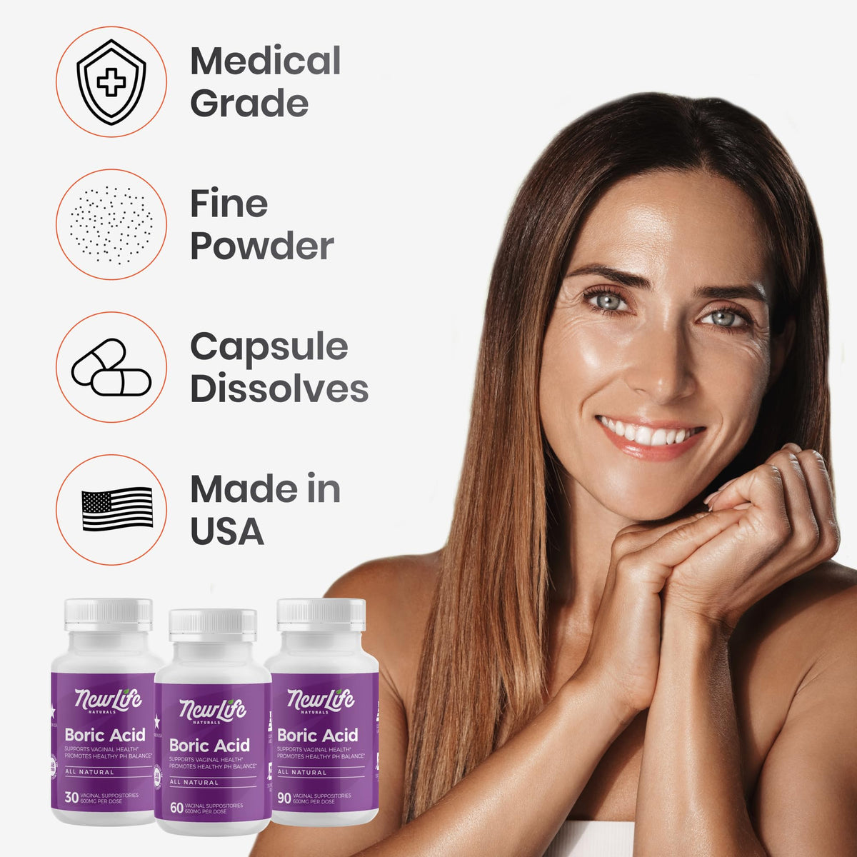 NewLife Naturals - Medical Grade Boric Acid Vaginal Suppositories - 600mg - 100% Pure Womens pH Balance Pills - Yeast Infection, BV - 60 Capsules: Made in USA NewLife NaturalsBuy Supplements Australia