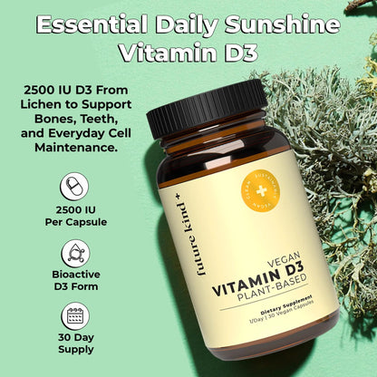 Future Kind Vitamin D3 2500 IU for Bone and Muscle Function, Vitamin D Vegan Supplement from Plant Lichen, Non-GMO, Sugar Free, Pure Vitamin D3, Promotes Natural Resilience, 30 Capsules Future Kind buy supplements Au