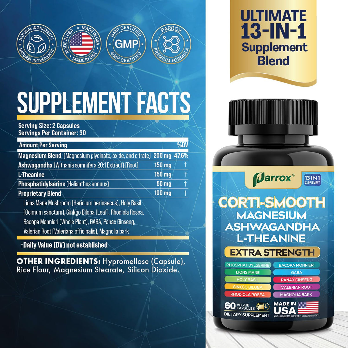 Parrox Corti-Smooth Cortisol Supplement Magnesium, L-Theanine, Ashwagandha, Phosphatidylserine, Valerian Root, Lions Mane, Bacopa Monnieri, Ginkgo Biloba, Panax Ginseng, Magnolia Bark, GABA (60 Caps) ParroxBuy Supplements Australia