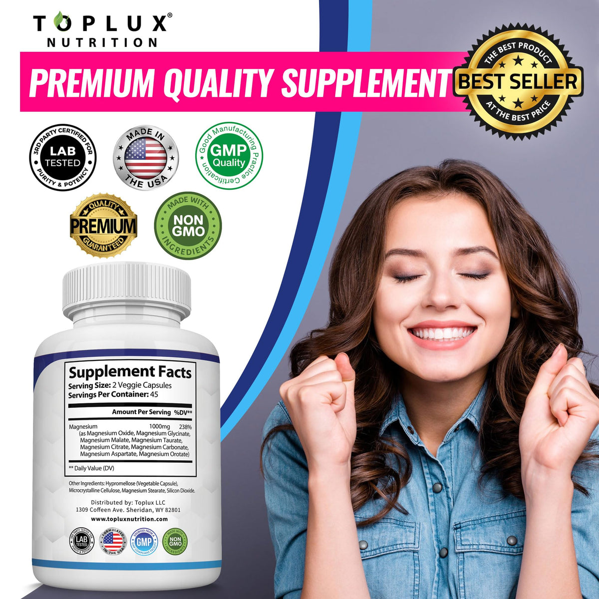 Magnesium Complex Supplement 8 Elemental 1000mg - Magnesium Glycinate, Citrate, Malate, Taurate, Chelated for Easy Absorption for Bones, Muscle, Recovery, Energy, Vegan Non-GMO 90 Capsules Toplux buy supplements Au