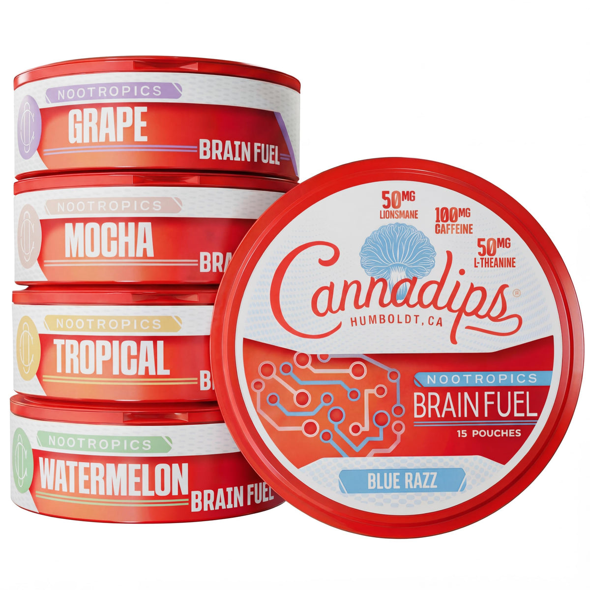 Cannadips - Brain Fuel Variety Pack - Nootropic Caffeine Pouches - 50mg Lion's Mane, 100mg Caffeine, 50mg L-Theanine, No Sugar - Clean Energy Brain Fuel for Cognitive Performance, Made in USA (5-PACK) CannadipsBuy Supplements Australia