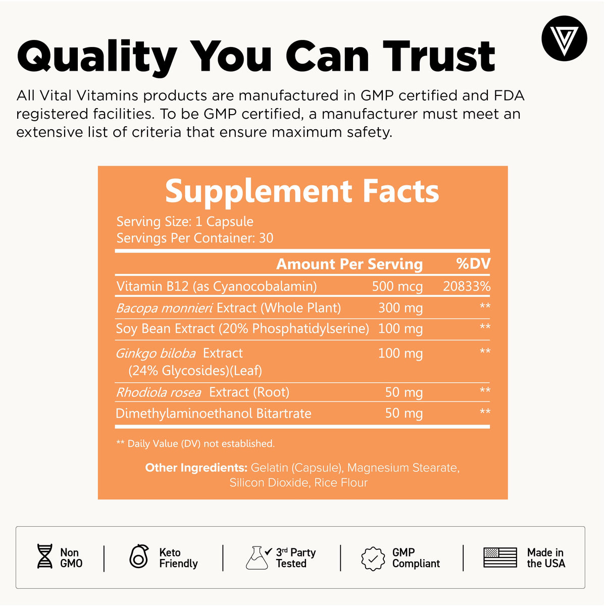 Vital Vitamins Brain Supplements with Bacopa Monnieri - for Memory and Focus – Nootropic Brain Booster - Caffeine-Free Support for Adults & Seniors – Non-GMO, 30-Day Supply, 30 Capsules Vital VitaminsBuy Supplements Australia