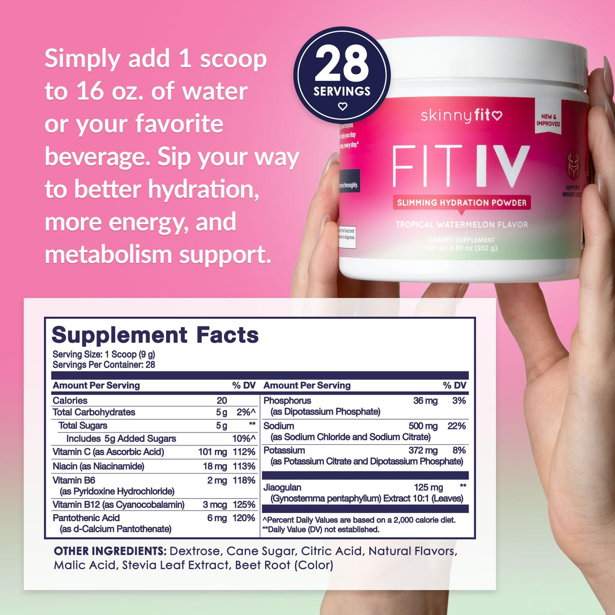 SkinnyFit - Fit IV Slimming Hydration Powder, Tropical Watermelon (Jar, 28 Scoops) - New & Improved Formula - Electrolytes, Vitamin C, Vitamin B3 - Vegan, Gluten Free, Dairy Free - Beauty & Self Care SkinnyFitBuy Supplements Australia