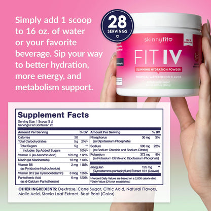 SkinnyFit - Fit IV Slimming Hydration Powder, Tropical Watermelon (Jar, 28 Scoops) - New & Improved Formula - Electrolytes, Vitamin C, Vitamin B3 - Vegan, Gluten Free, Dairy Free - Beauty & Self Care SkinnyFitBuy Supplements Australia