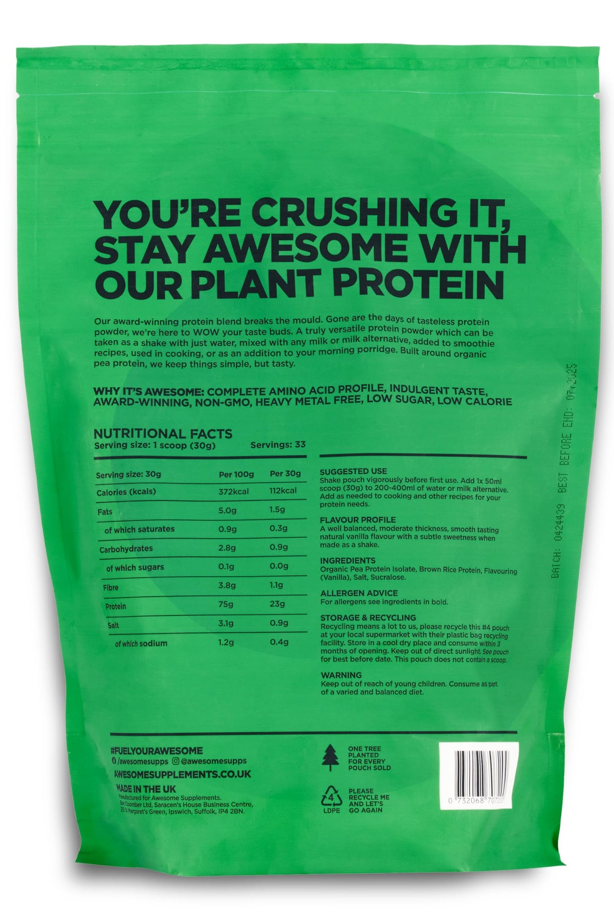 Vanilla Awesome Protein Powder by Ben Coomber | 1kg Vegan Organic Flavoured Protein Ben CoomberBuy Supplements Australia