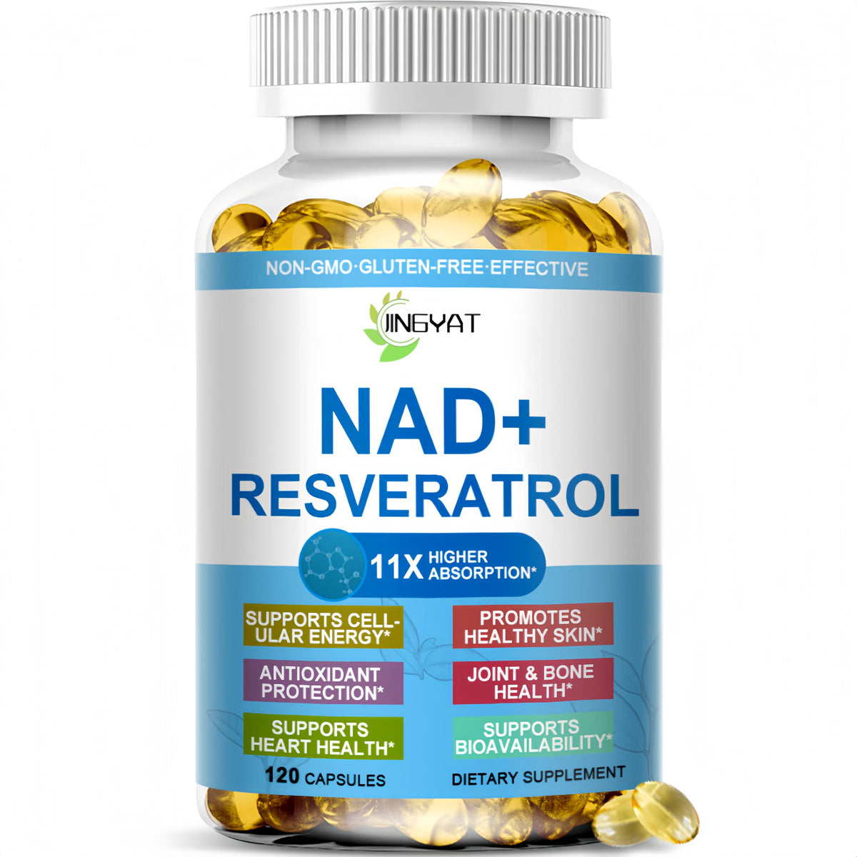 JINGYAT 11-in-1 NAD Supplement with Resveratrol, CoQ10, Quercetin, Collagen, Grape Seed for Cellular Energy, Mental Focus & Antioxidant Support - NAD Supplement for Women & Men, 120 Soft Capsules JINGYATBuy Supplements Australia