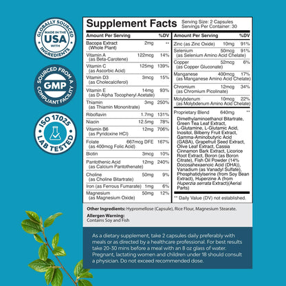 Nootropic Brain Supplement for Memory and Focus Support - Vitamins for Mental Support & Clarity with Bacopa Monnieri, VIT A, B6, Riboflavin, Niacin, Thiamin & Folate