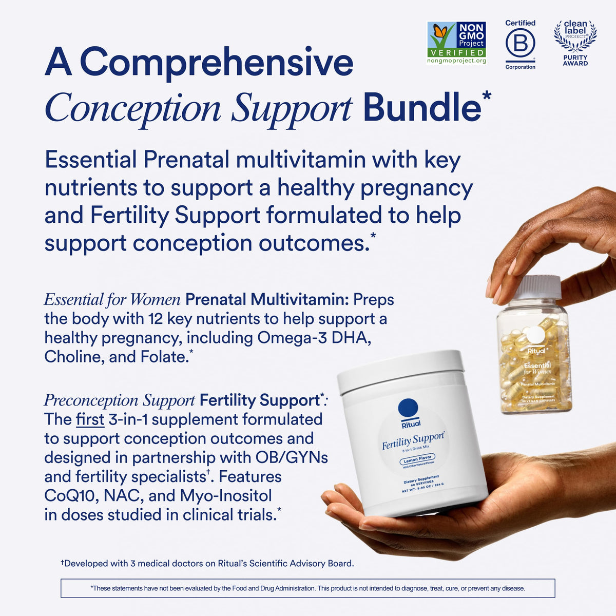 Ritual Preconception Bundle: Essential for Women Prenatal Multivitamin and Lemony Fertility Support Drink Mix Supplement with NAC, CoQ10, and Myo-Inositol. Vegan and Formulated to Support Her.* RitualBuy Supplements Australia