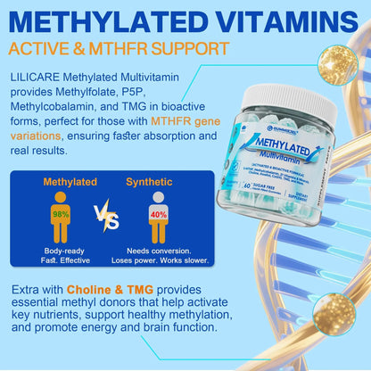 Methylated Multivitamin for Men & Women Gummies + Greens & Mushroom Blend, Methylfolate & B12, TMG, Choline LILICAREBuy Supplements Australia