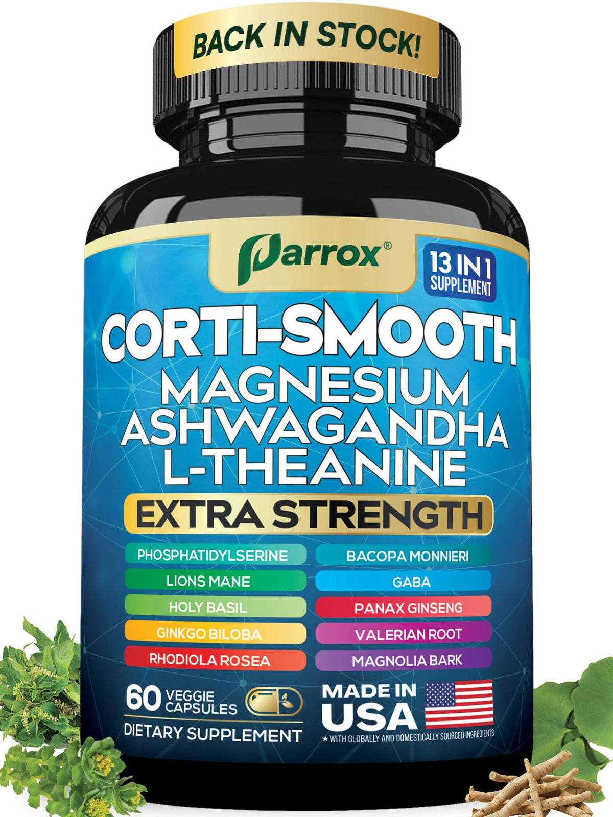 Parrox Corti-Smooth Cortisol Supplement Magnesium, L-Theanine, Ashwagandha, Phosphatidylserine, Valerian Root, Lions Mane, Bacopa Monnieri, Ginkgo Biloba, Panax Ginseng, Magnolia Bark, GABA (60 Caps) ParroxBuy Supplements Australia