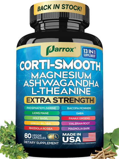 Parrox Corti-Smooth Cortisol Supplement Magnesium, L-Theanine, Ashwagandha, Phosphatidylserine, Valerian Root, Lions Mane, Bacopa Monnieri, Ginkgo Biloba, Panax Ginseng, Magnolia Bark, GABA (60 Caps) ParroxBuy Supplements Australia