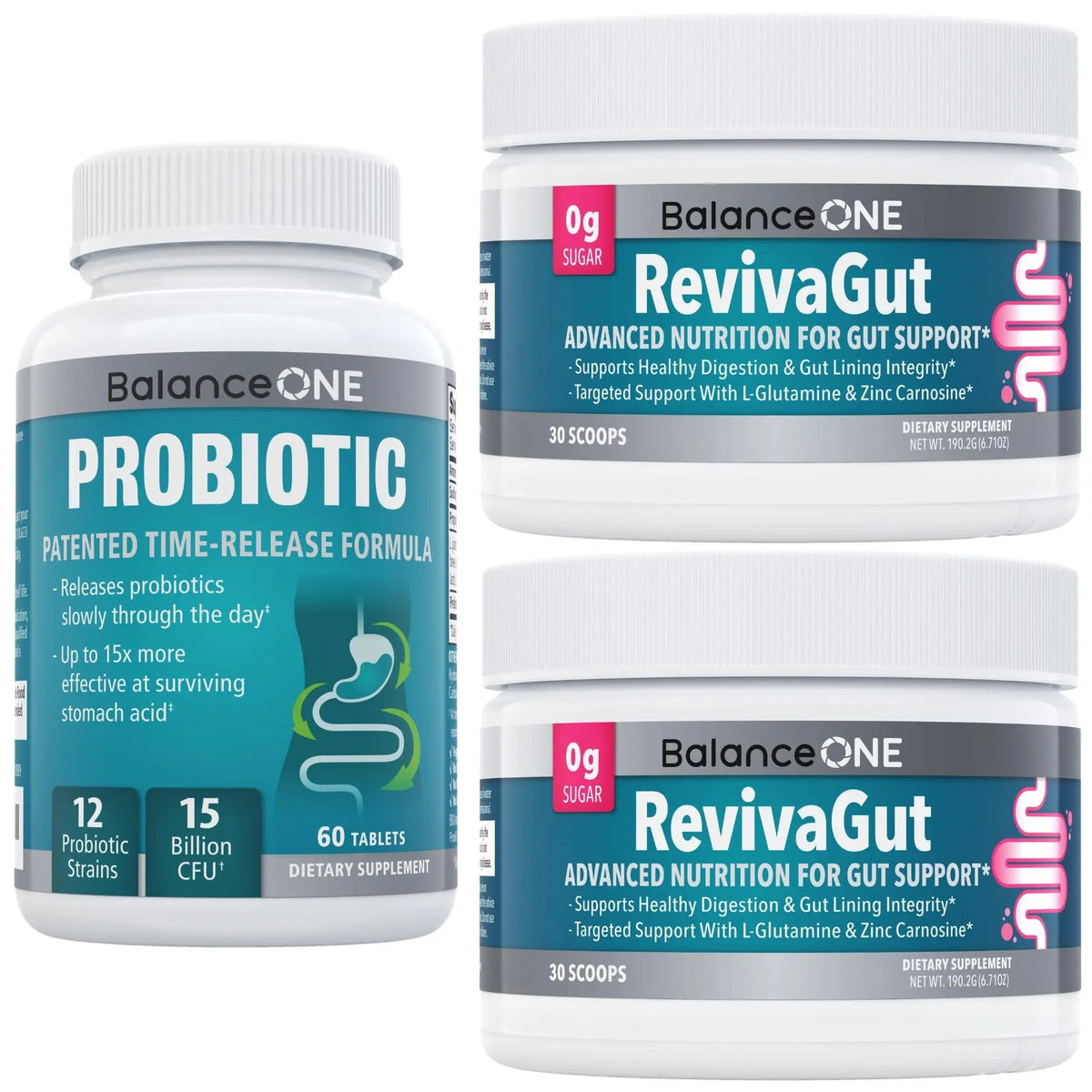 Balance ONE 2-Month Complete Digestive Support Bundle – Intestinal Barrier & Microbiome Kit – Includes 2X RevivaGut Powder & 1x Daily Probiotic (3 Pieces) Balance ONEBuy Supplements Australia