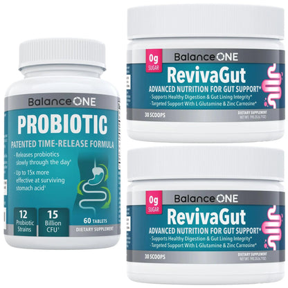Balance ONE 2-Month Complete Digestive Support Bundle – Intestinal Barrier & Microbiome Kit – Includes 2X RevivaGut Powder & 1x Daily Probiotic (3 Pieces) Balance ONEBuy Supplements Australia
