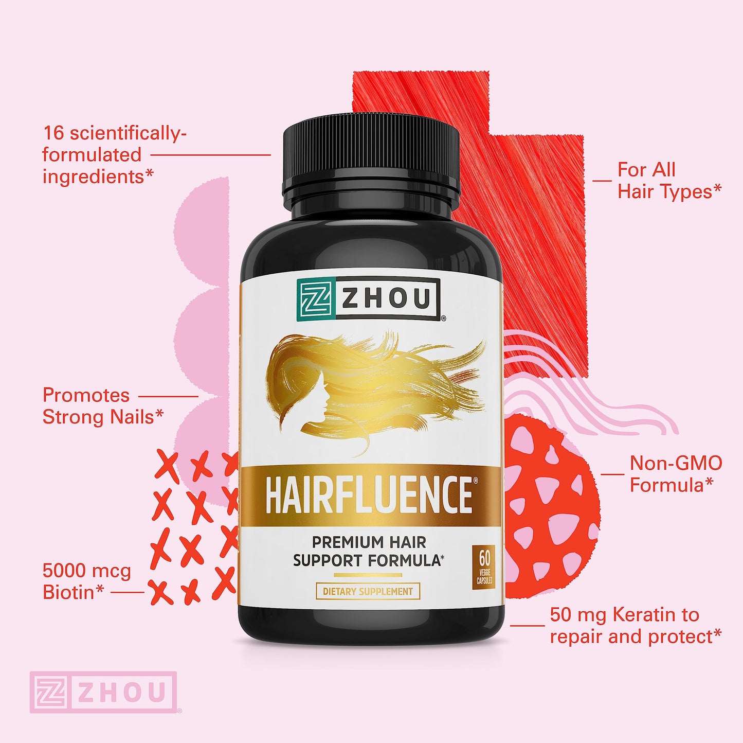 Zhou Hairfluence, Hair Growth Supplement with Biotin 5000mcg, Collagen, Keratin, Zhou NutritionBuy Supplements Australia