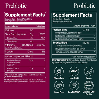 Power Gut Bundle - Lung Probiotic & GLP-1 Prebiotic, Clinically Trialed Respiratory Health Support & Metabolism Boost, Supplement Vitamins - resB (30 Servings) & prebeet (30 Servings) ResBioticBuy Supplements Australia