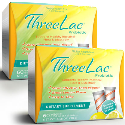 Global Health Trax ThreeLac Lemon Probiotic Drink Mix for Digestive Health - Advanced Probiotic Powder Formula for Men, Women, and Kids - Immune Support & Gut Balance, Non-GMO - 120 Packets ght Global Health TraxBuy Supplements Australia