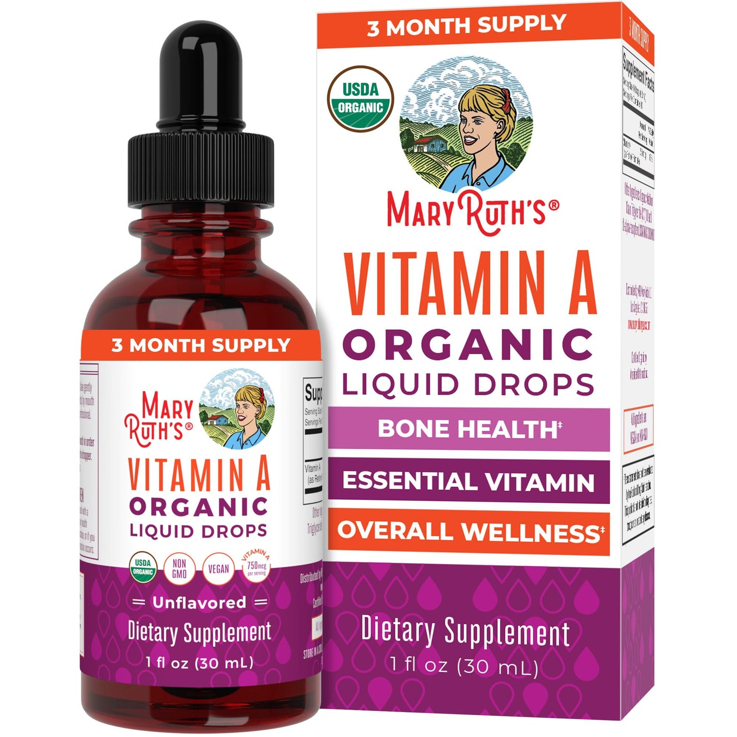 MaryRuth Organics USDA Organic Vitamin A Liquid Drops | 3 Month Supply | Bone Health for Ages 14+ | Essential Vitamin | 750mcg per Serving | Sugar Free | Vegan | Non-GMO | Gluten Free | 1oz MARYRUTH'SBuy Supplements Australia