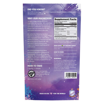 Enhanced Magnesium (Capsules) | Precise 300mg per Serving | Enhancement Blend: Organic Lion's Mane Extract, L-theanine, Active Vitamin B6 | 120 Capsules - by Organic Burst Organic BurstBuy Supplements Australia