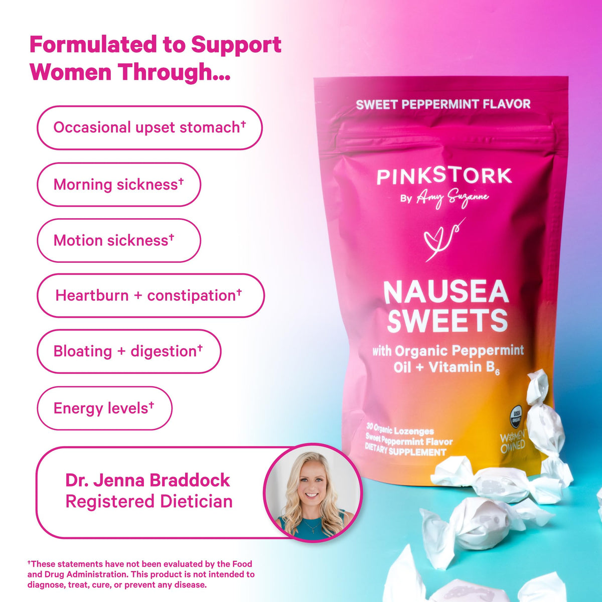 Pink Stork Organic Peppermint Sweets for Morning Sickness and Motion Sickness Support, Added Vitamin B6, 1st Trimester Pregnancy Must Haves - 30 Wrapped Peppermint Candies Pink StorkBuy Supplements Australia