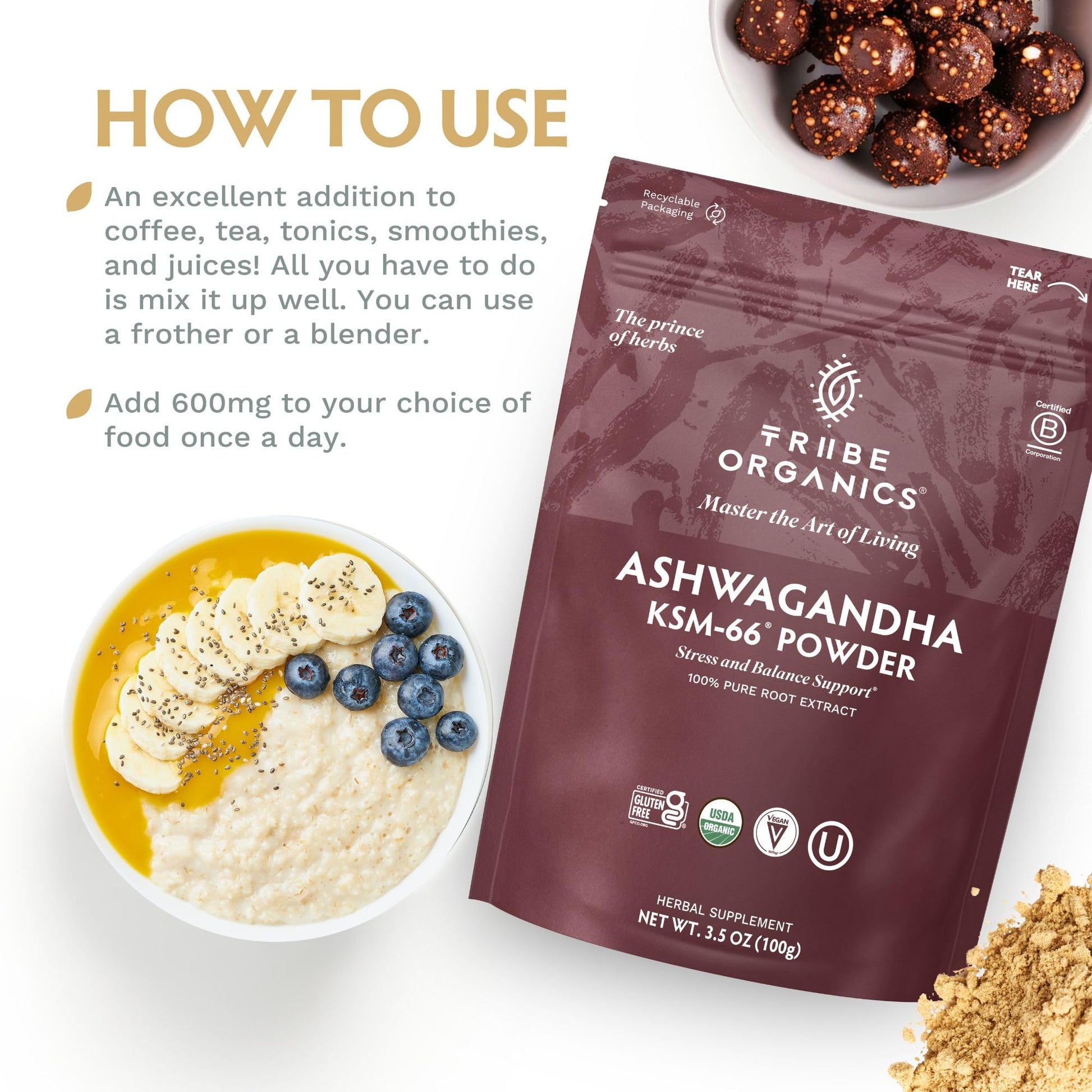 TRIBE ORGANICS KSM-66 Ashwagandha Root Extract Powder Ayurvedic Herb for Mood Support | Increase Energy | Strength - Organic | Natural | Gluten Free | Non GMO | Full-Spectrum - 100g Pouch TRIBE ORGANICSBuy Supplements Australia