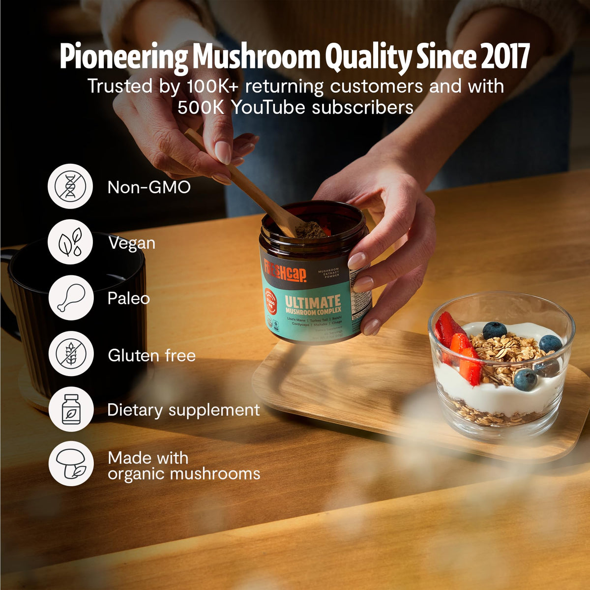 FreshCap Mushrooms Ultimate Mushroom Supplement Powder 12,000mg - Nootropic Organic Mushroom Complex for Focus & Memory, Brain Support Supplement, Ayurveda Mushroom Powder Extract (60 Servings) FreshCap MushroomsBuy Supplements Australia