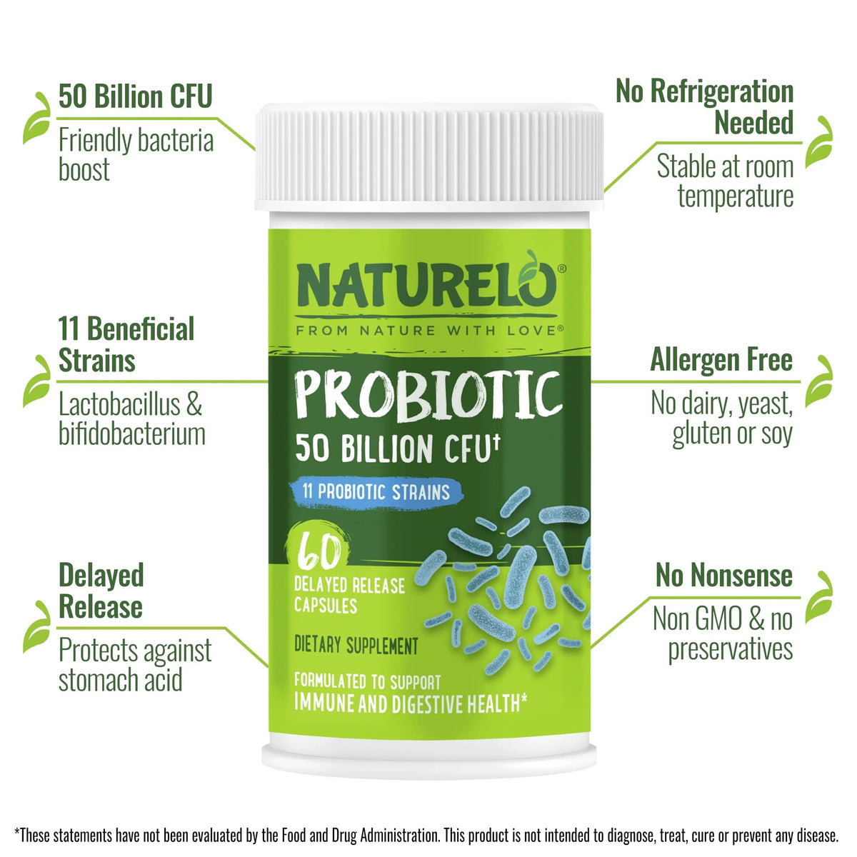 NATURELO Probiotics for Digestive Health, 50 Billion CFU, 60 Vegetarian Capsules, 11 Strains, Daily Use Supplement, Delayed Release, No-Fridge, Boosts Immune System, Probiotics for Women & Men NATURELOBuy Supplements Australia