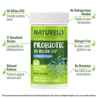 NATURELO Probiotics for Digestive Health, 50 Billion CFU, 60 Vegetarian Capsules, 11 Strains, Daily Use Supplement, Delayed Release, No-Fridge, Boosts Immune System, Probiotics for Women & Men NATURELOBuy Supplements Australia