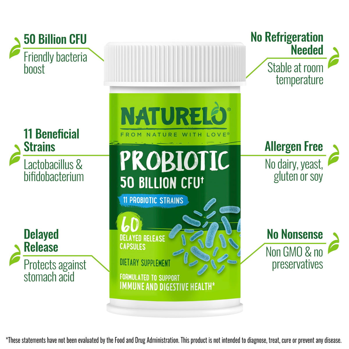 NATURELO Probiotics for Digestive Health - 50 Billion CFU, 11 Strains, Daily Use Supplement - Boosts Immune System, Delayed Release,