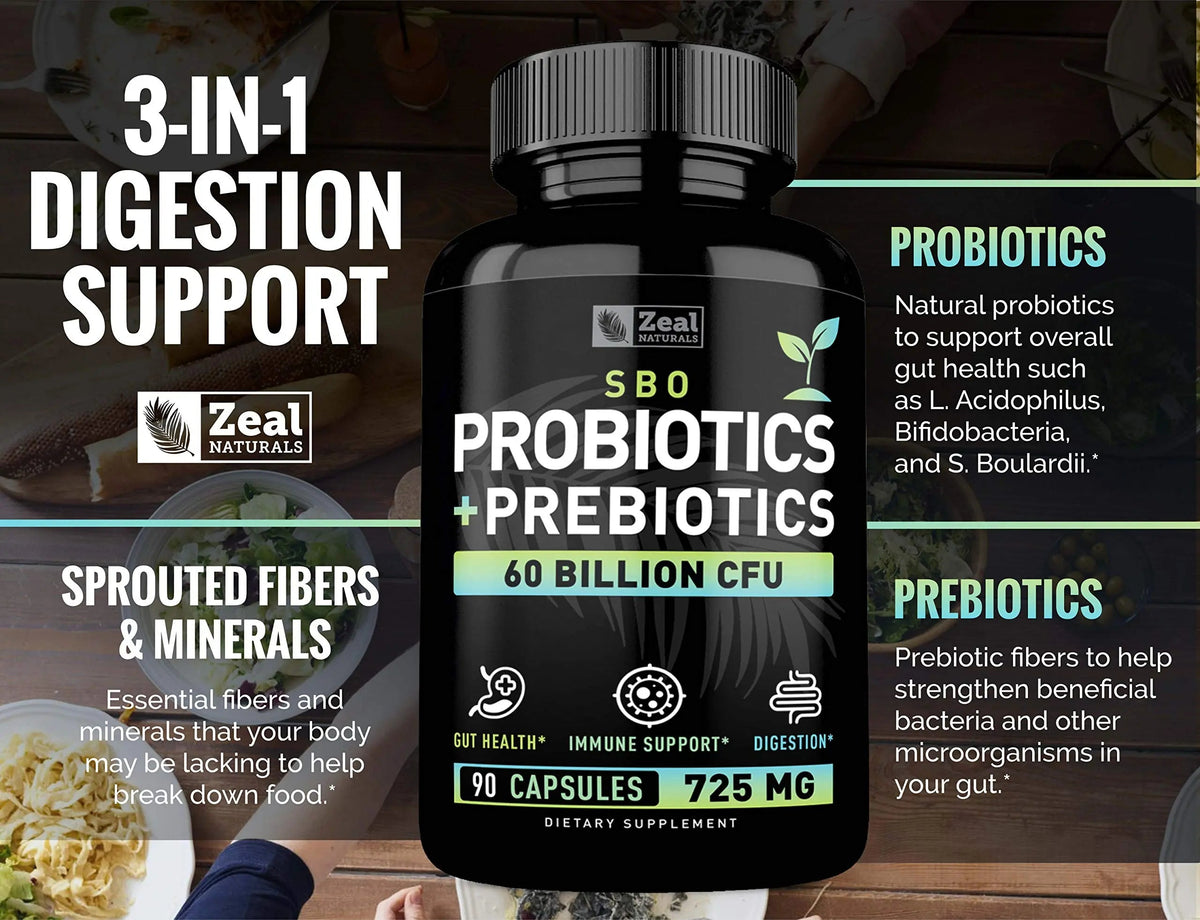 Probiotics and Prebiotics + SBO Probiotics (60 Billion CFU | 90 Capsules) Acidophilus Probiotic w. Saccharomyces Boulardii, Bifidobacterium + Spore Probiotic & Organic Sprouted Prebiotic Fiber Blend Zeal NaturalsBuy Supplements Australia