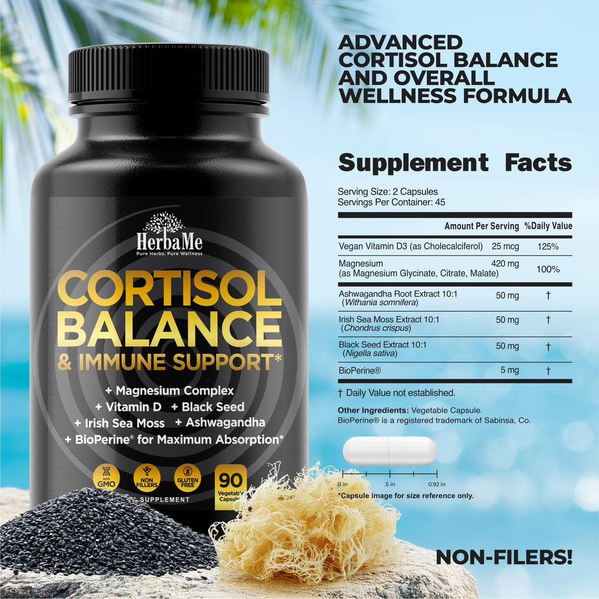 Cortisol Balance and Immune Support Supplement with Ashwagandha, Irish Sea Moss, Black Seed, Vitamin D and Magnesium Complex | Mood Enhancer | Immunity Booster | Stress Relief Pills | 90 Capsules HerbaMeBuy Supplements Australia