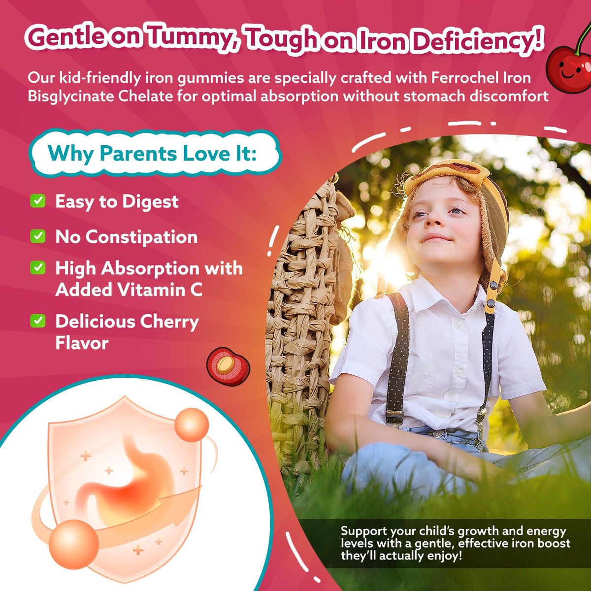 Iron Gummies for Kids & Teens, Kids Multivitamin with Iron Supplement, Calcium, Folate, Zinc, Prebiotic - for Blood Builder & Energy Support, Iron Deficiency - Vegan & Non-GMO - 60 Count Cherry CFILIHTCBuy Supplements Australia