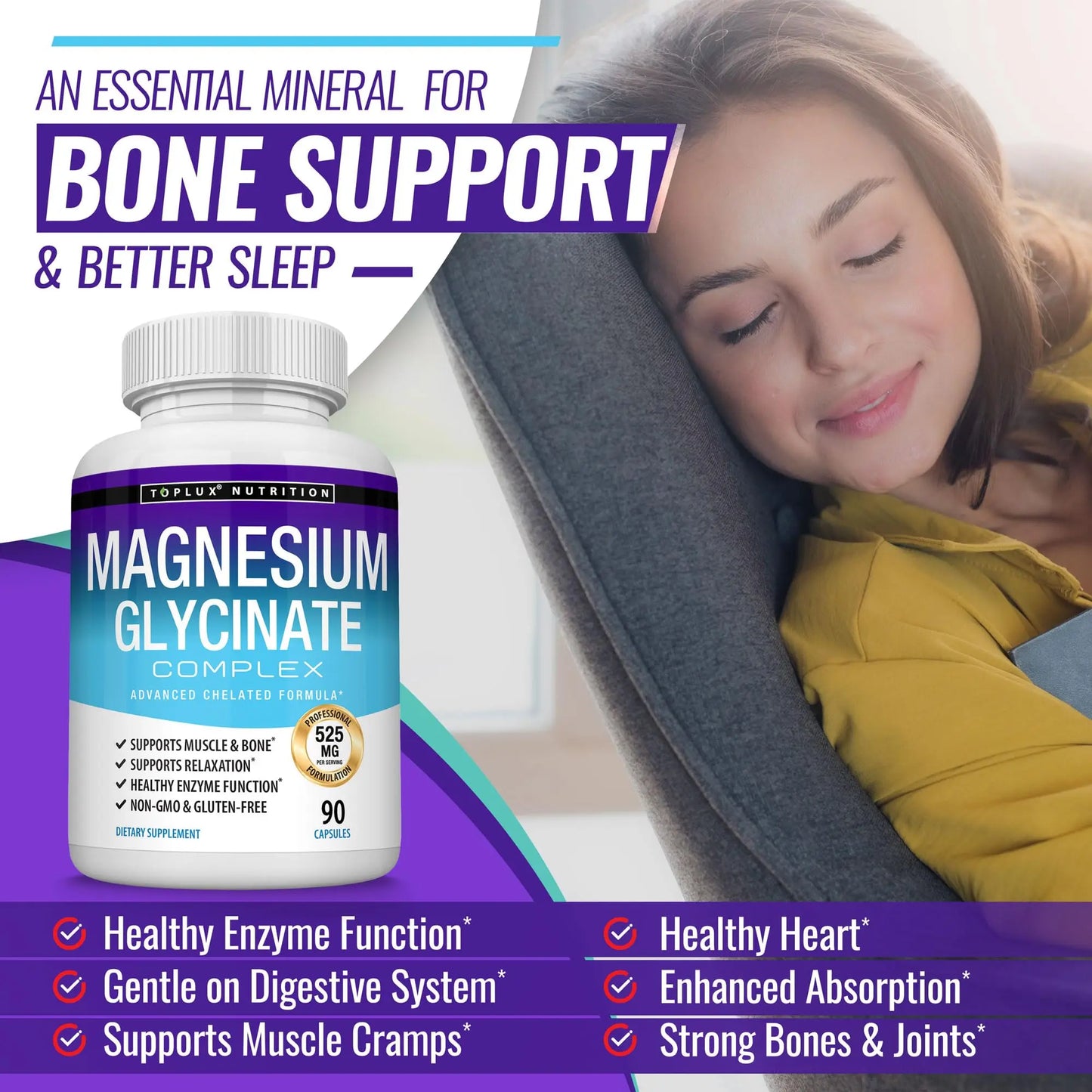 Magnesium Glycinate 525mg - High Absorption Chelated Magnesium Supplement Made with Pure Magnesium Glycinate - Supports Muscles, Sleep, Cramps, Recovery Bisglycinate Toplux canada supplements