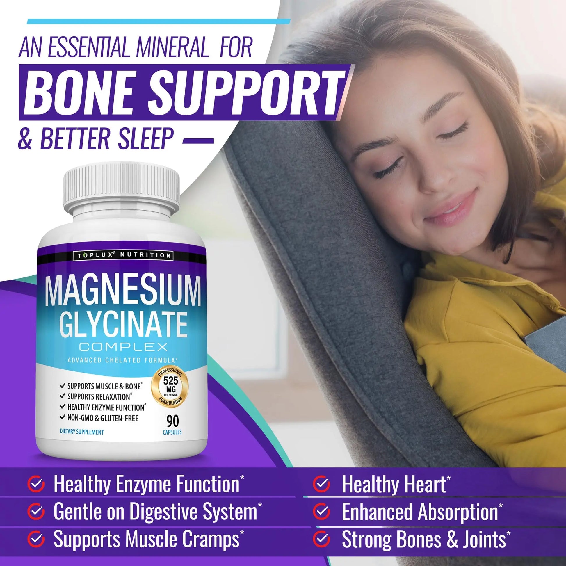 Magnesium Glycinate 525mg - High Absorption Chelated Magnesium Supplement Made with Pure Magnesium Glycinate - Supports Muscles, Sleep, Cramps, Recovery Bisglycinate Toplux canada supplements