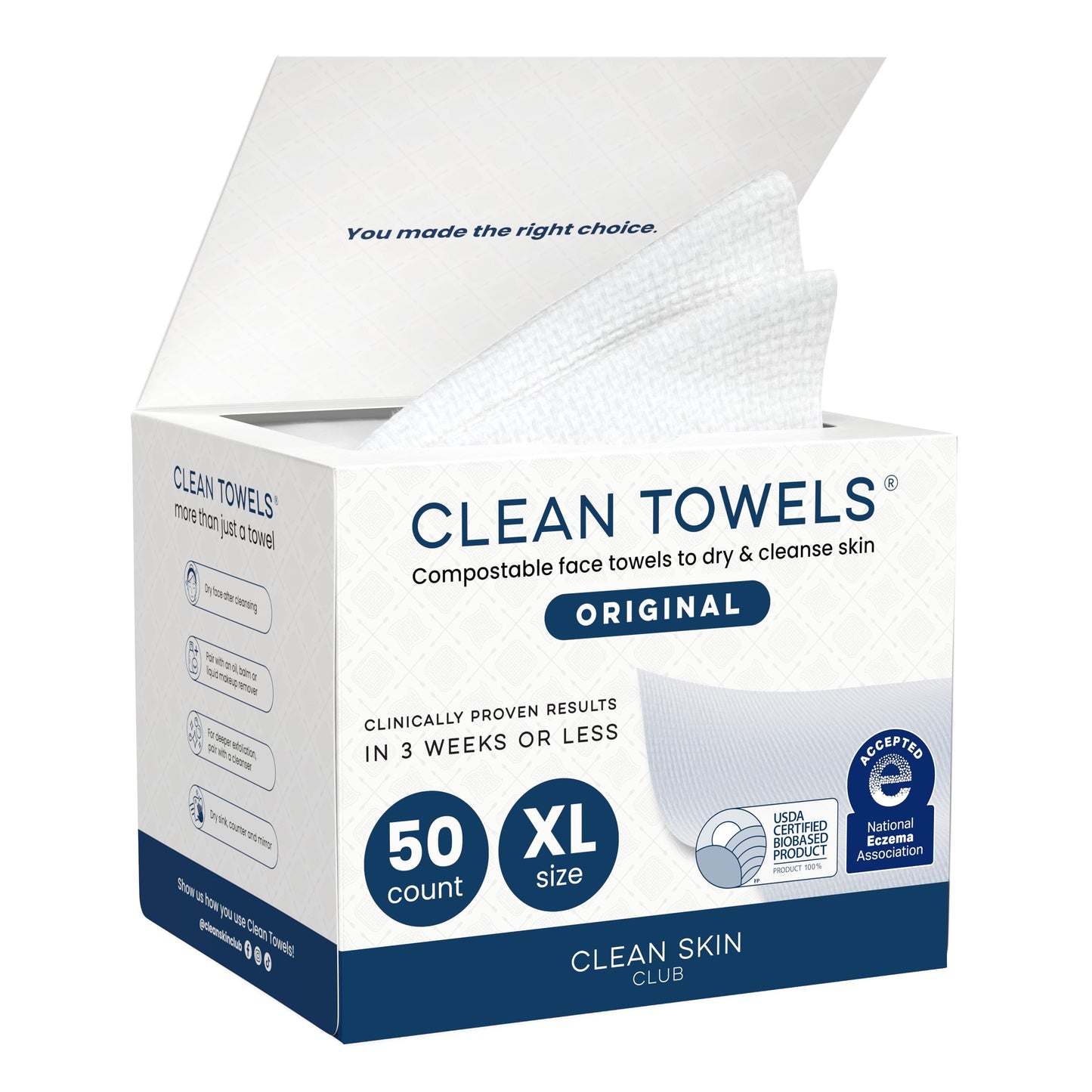 Clean Skin Club Clean Towels XL®, 100% USDA Biobased Face Towel, Disposable Face