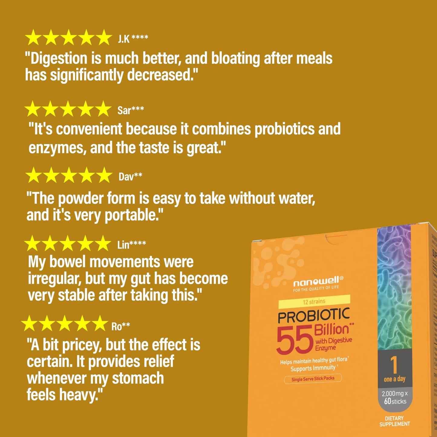NANOWELL 12 Strains Probiotic 55 Billion CFU with Digestive Enzymes Powder - Immune Support, Gut Health, Probiotics, Prebiotics & Postbiotics - 60 Sticks, 60 Day Supply NANOWELLBuy Supplements Australia