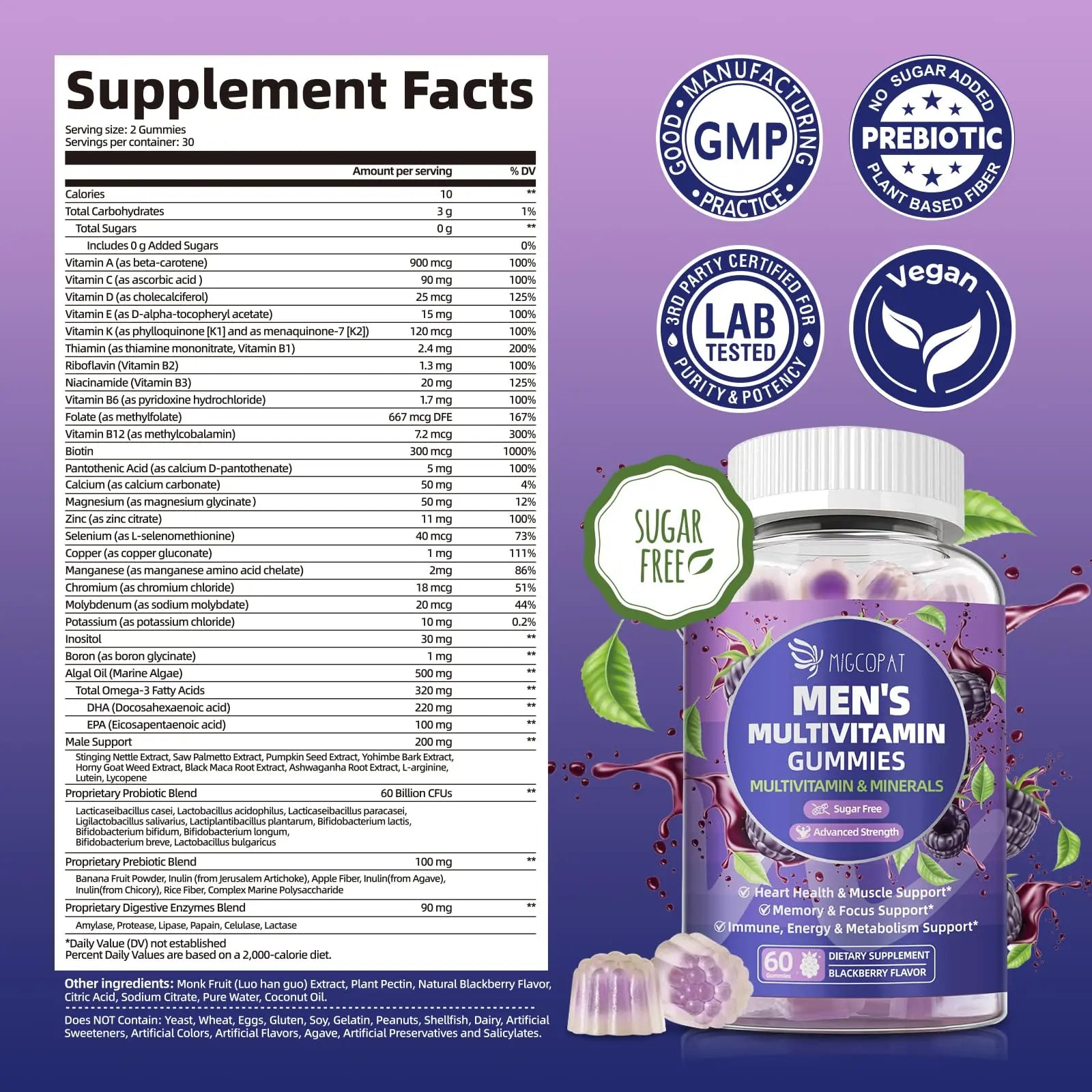 Multivitamin for Men, Mens Multivitamins Gummies w/Omega-3, Probiotics, Inositol, Folate, Biotin, Zinc, Vitamins A, C, D, E, B MigcopatBuy Supplements Australia