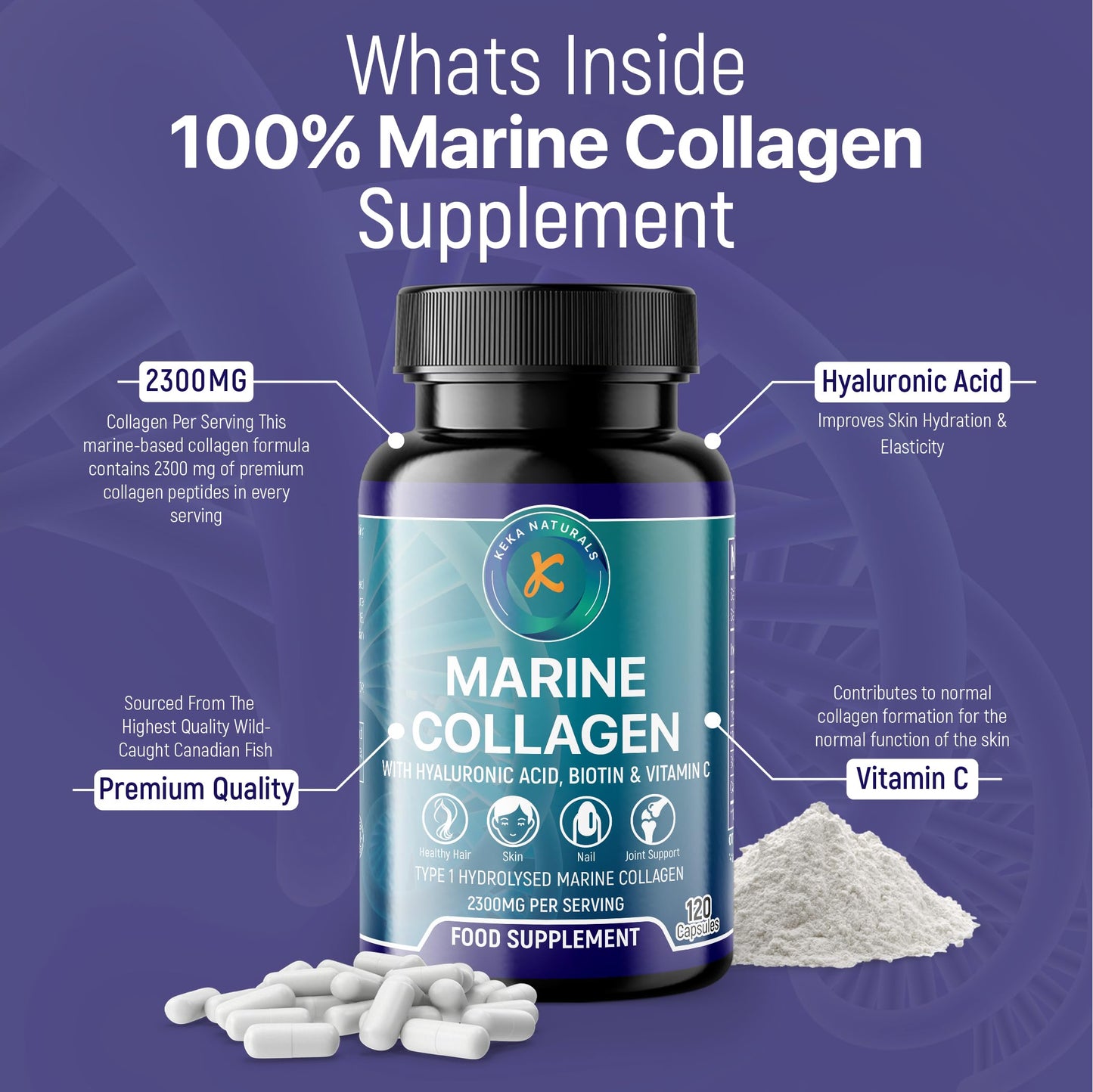Hydrolysed Marine Collagen Peptides 2300mg - Enhanced with Hyaluronic Acid & Vitamin C Keka NaturalsBuy Supplements Australia