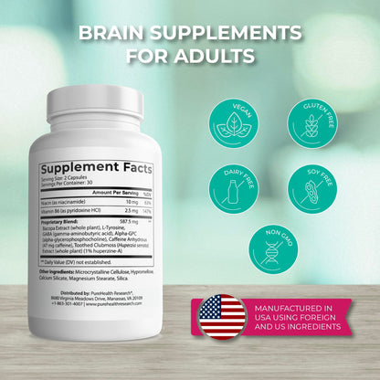 PUREHEALTH RESEARCH Ageless Brain Supplements for Memory and Focus - Nootropic Brain Health Supplement for Adults - with Bacopa Monieri, Alpha GPC, L-Tyrosine, Vitamin B6, Niacin & More, 60 Capsules PUREHEALTH RESEARCHBuy Supplements Australia