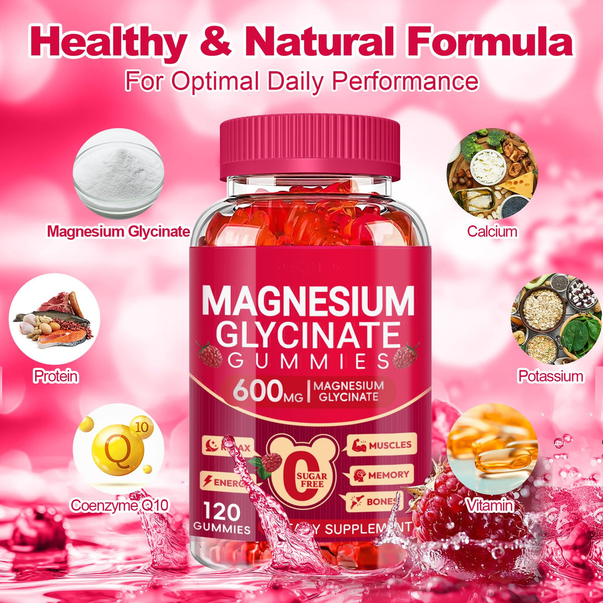 Magnesium Glycinate Gummies 600mg, Sugar Free Magnesium Gummies for Adults, Chewable Potassium Supplements for Body Support