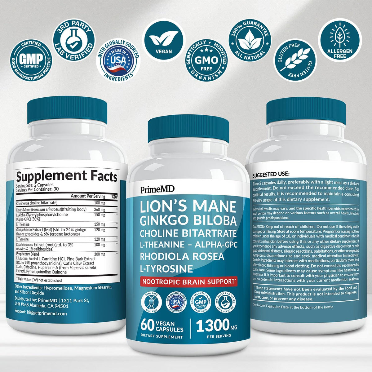 14-in-1 Lions Mane Supplement Capsules - Nootropic Brain Supplement with Ginkgo Biloba for Brain Support, Memory and Focus - Alpha GPC, L Theanine & Choline Supplements with 1300mg Per Serving (60 ct) PrimeMDBuy Supplements Australia