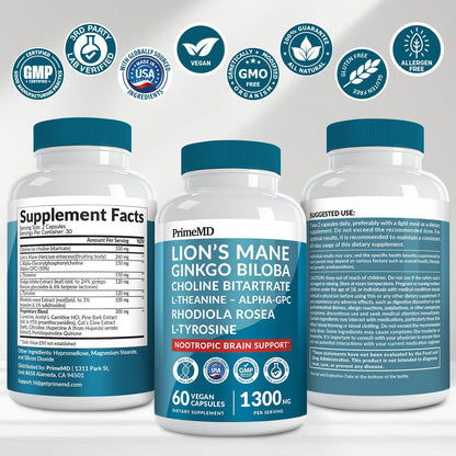 14-in-1 Lions Mane Supplement Capsules - Nootropic Brain Supplement with Ginkgo Biloba for Brain Support, Memory and Focus - Alpha GPC, L Theanine & Choline Supplements with 1300mg Per Serving (60 ct) PrimeMDBuy Supplements Australia
