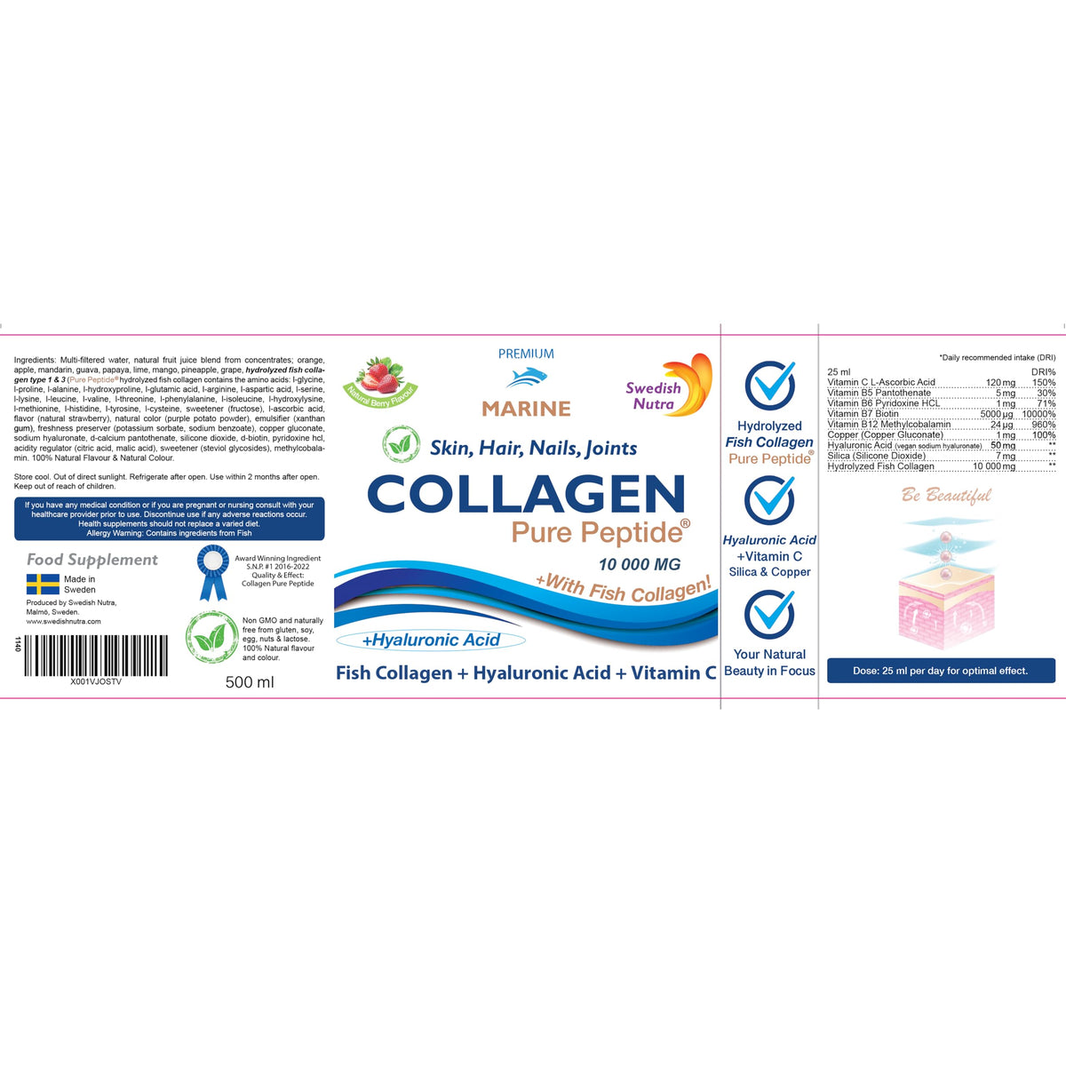 Marine Liquid Collagen 10000mg 500 ml I Pure Hydrolyzed Collagen Peptides Swedish NutraBuy Supplements Australia
