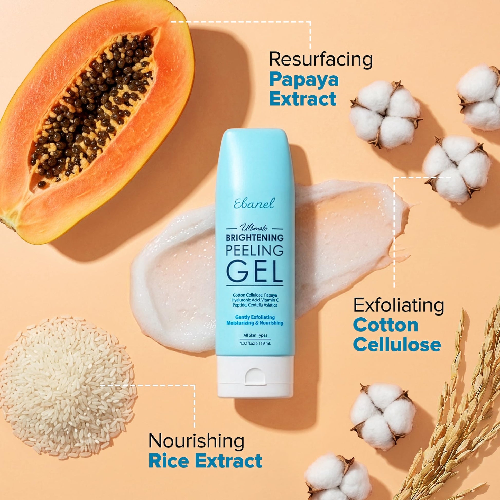 Ebanel Brightening Peeling Gel with Cotton Cellulose, Rice, Papaya, Centella, Hyaluronic Acid for Face and Body, Gentle Exfoliating Face Scrub Gel Peel Wash, Deep Pore Cleanser Minimizer Exfoliator Ebanel buy supplements Au