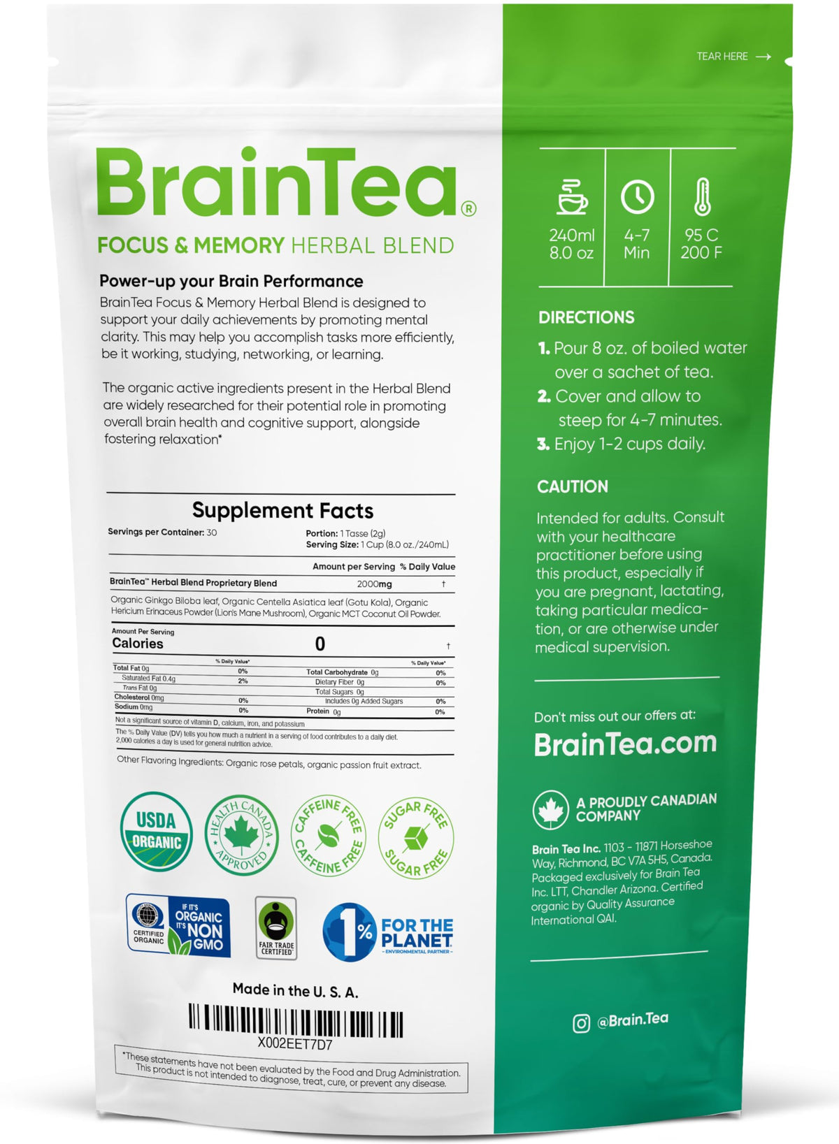 Brain Tea Focus & Memory - Brain Tea Organic Certified 4-in-1 Nootropic Herbal Supplement with Ginkgo Biloba, Gotu Kola, Lion’s Mane Mushroom, MCT Caffeine-Free for Mental Clarity (30 Sachets) Brain TeaBuy Supplements Australia