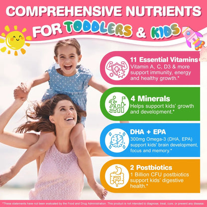Organic Toddler Multivitamin Gummies + Omega-3 (DHA/EPA), Postbiotics | kids 2+ multivitamin | Vitamins A C D3 Methyl B12 Folate Zinc EnvyCure