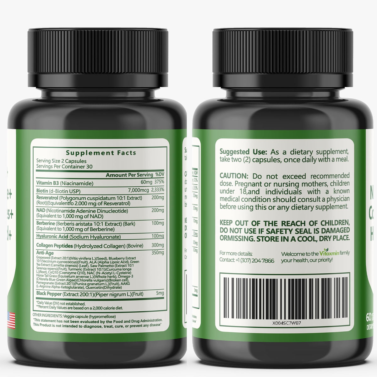 vitaxmin NAD Resveratrol Supplement 200mg with Berberine NAC Collagen - Nicotinamide Riboside NMN NADH CoQ10 Biotin Hyaluronic Acid - Hair Skin Nails Supplement - 60 Capsules vitaxminBuy Supplements Australia