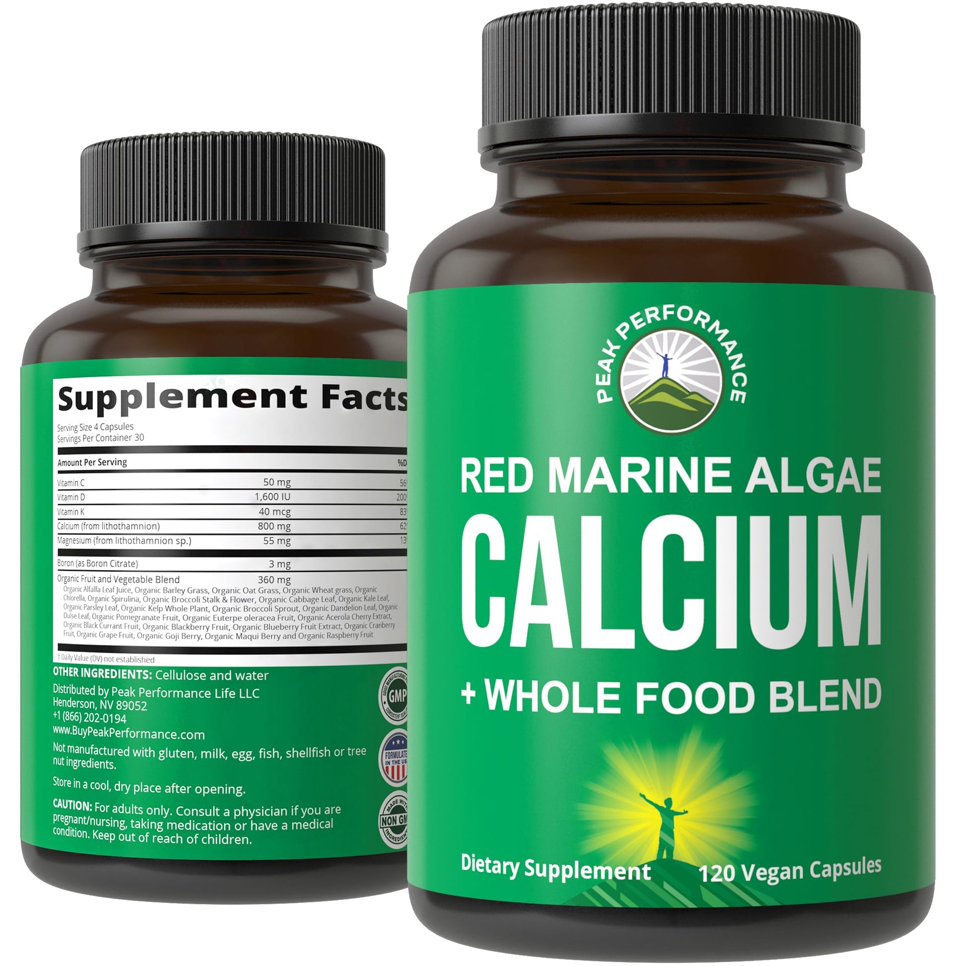 Plant Based Calcium - Red Marine Algae Calcium Supplement with Vitamin C, D3, K, Magnesium, and Whole Food Vegetable Blend. Vegan Capsules for Bones and Joints. 120 Pills, Tablets Peak PerformanceBuy Supplements Australia