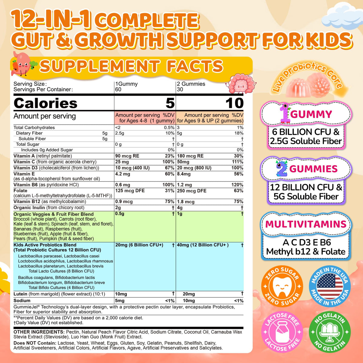 Kids Probiotic + Prebiotic Fiber Gummies 5G, 12 Billion CFU Probiotic & Veggie Fruit Fiber, w/ Organic Inulin, Methyl B12 B6 D3 C, Lutein for Children's Digestive & Gut,